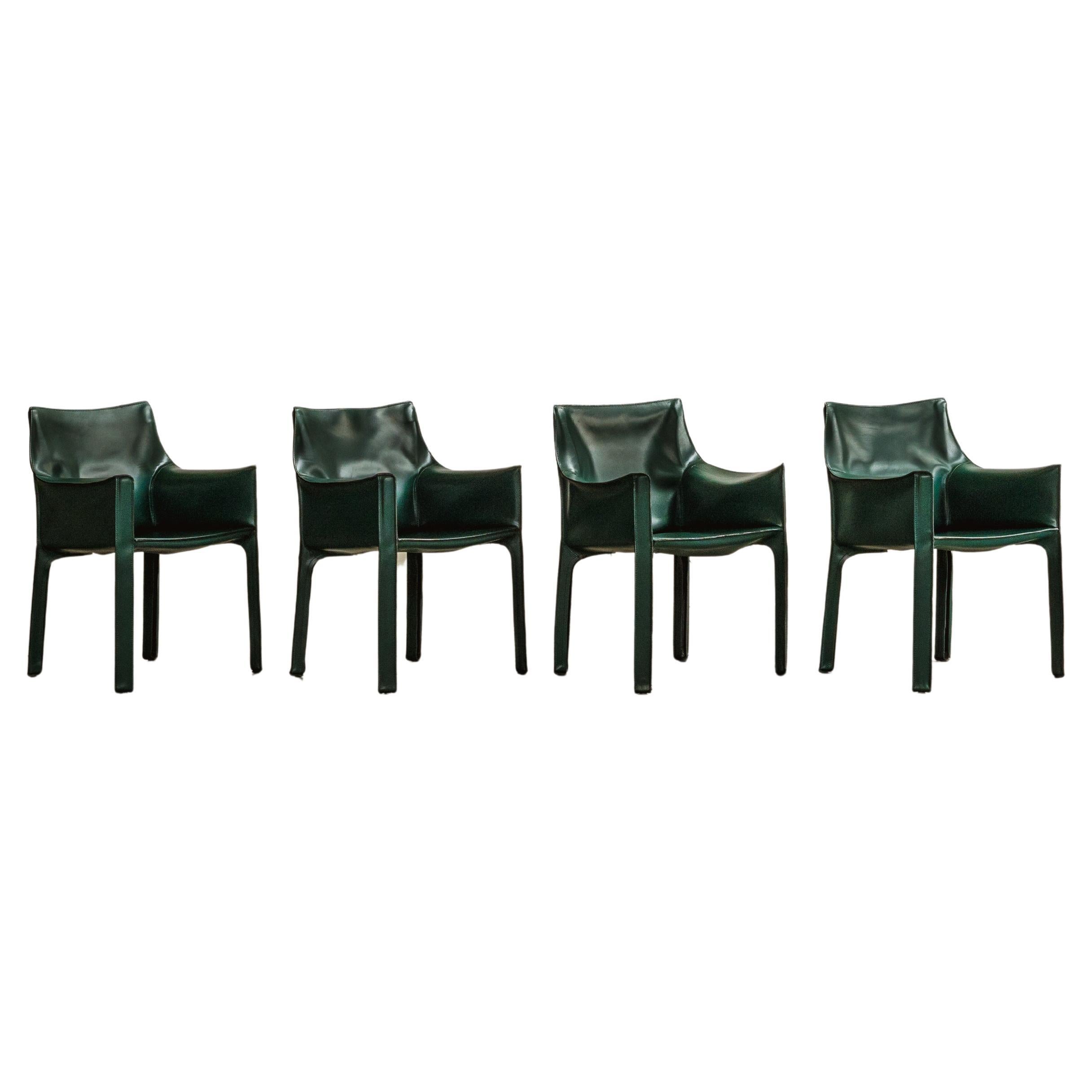 Mario Bellini "CAB 413” Chairs for Cassina, Dark Green Leather, 1977, Set of 4