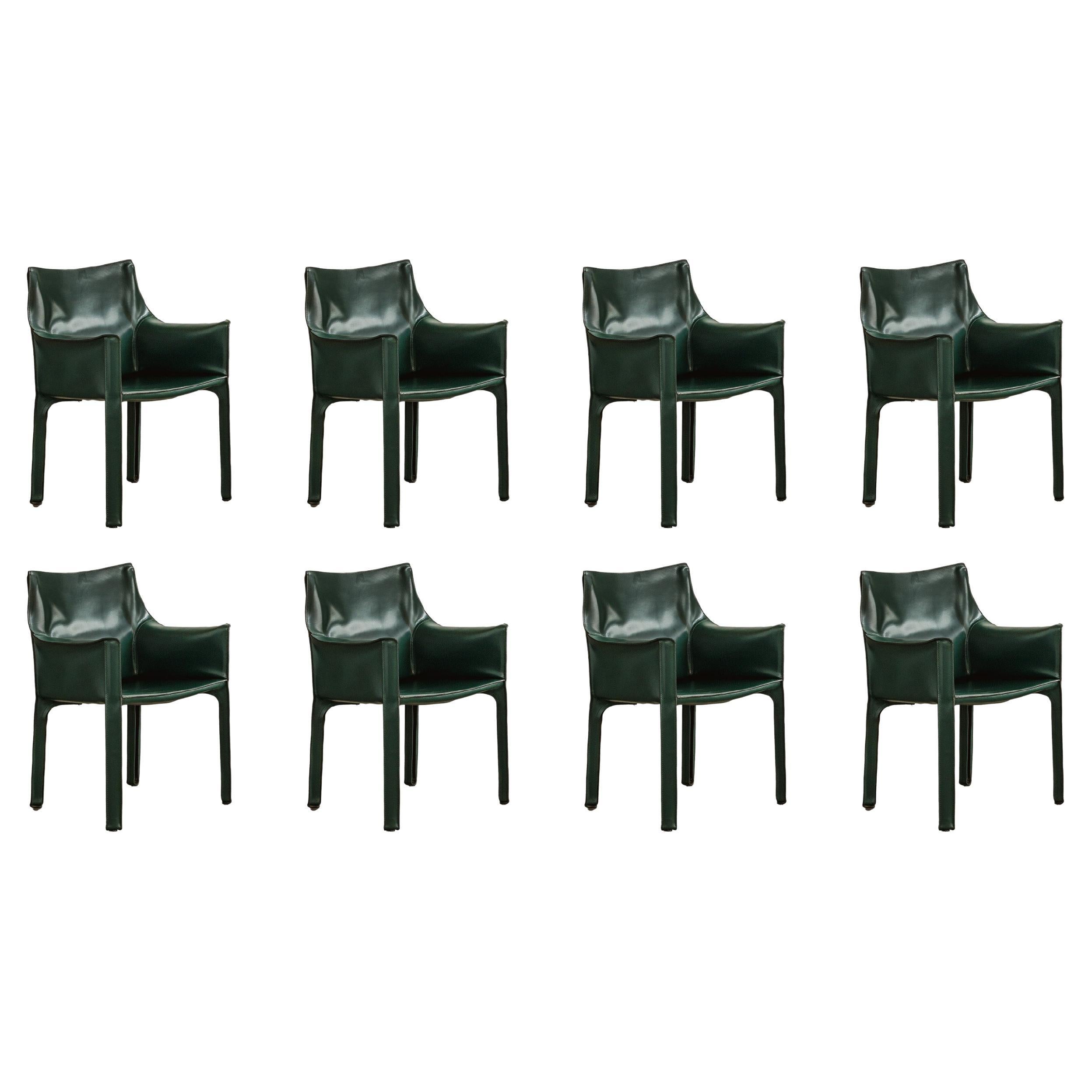 Mario Bellini "CAB 413” Chairs for Cassina, Dark Green Leather, 1977, Set of 8