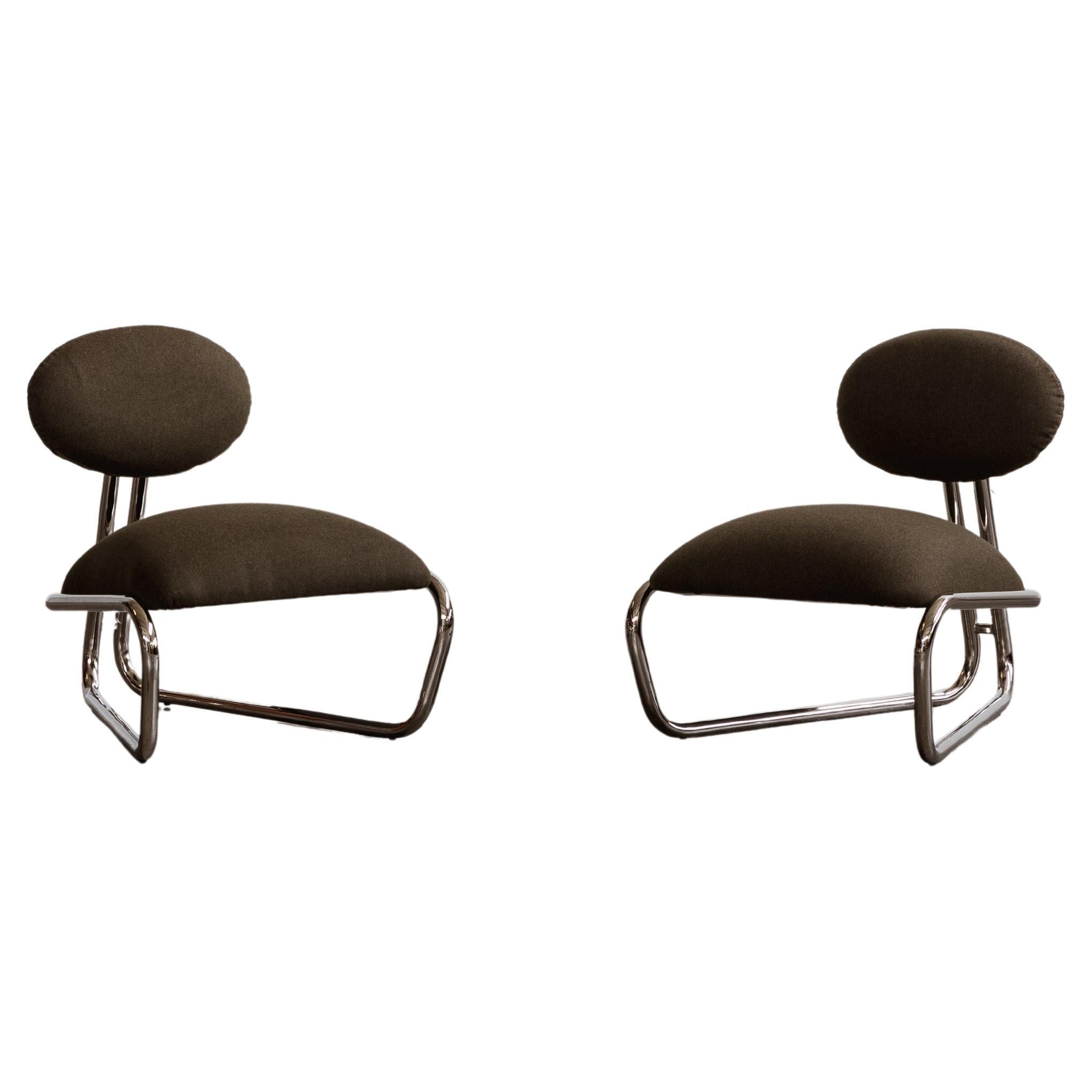 Modernistische Loungesessel aus verchromtem Stahlrohr, grüner Loden, 1970, 2er-Set