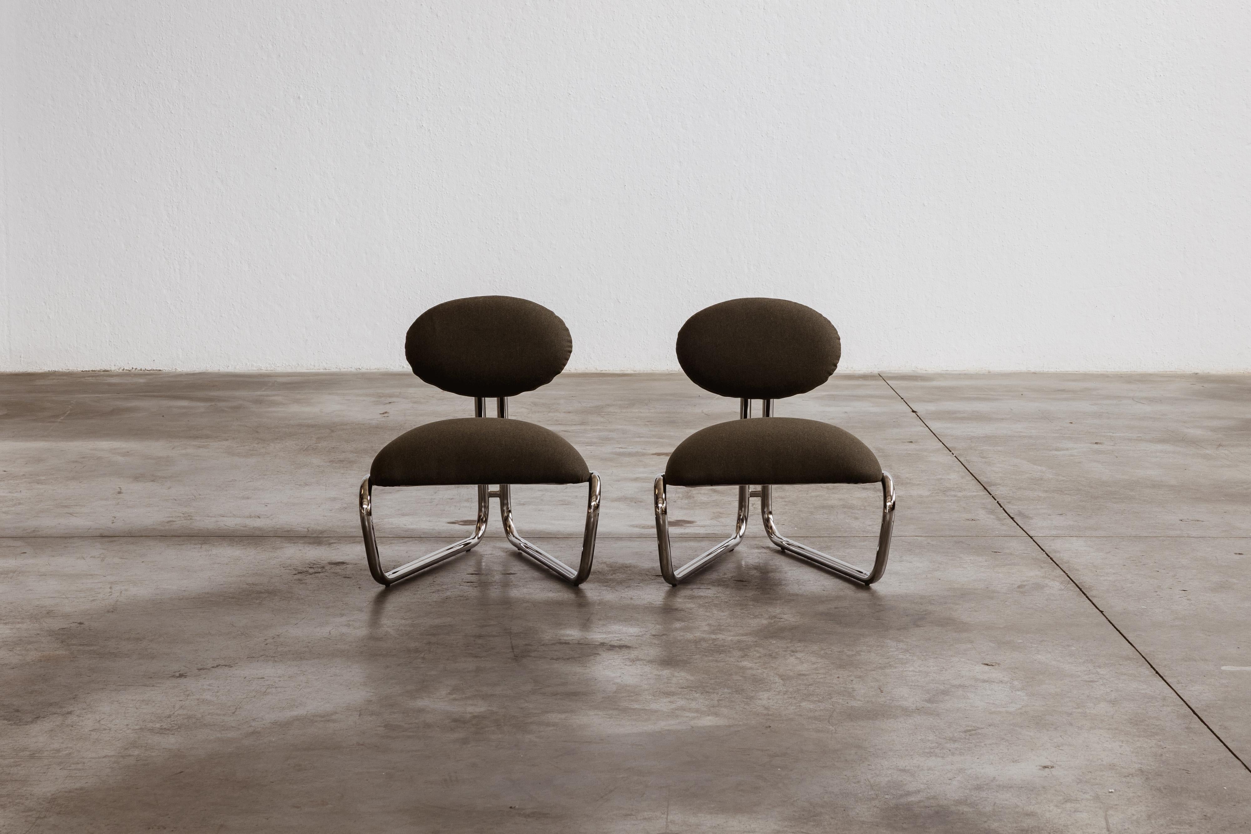 Modernistische Loungesessel aus verchromtem Stahlrohr, grüner Loden, 1970, 2er-Set im Angebot 4