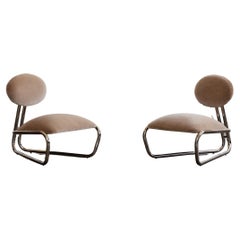 Modernist Lounge Chairs in Tubular Chromed Steel, Camel Velvet, 1970, Set of 2