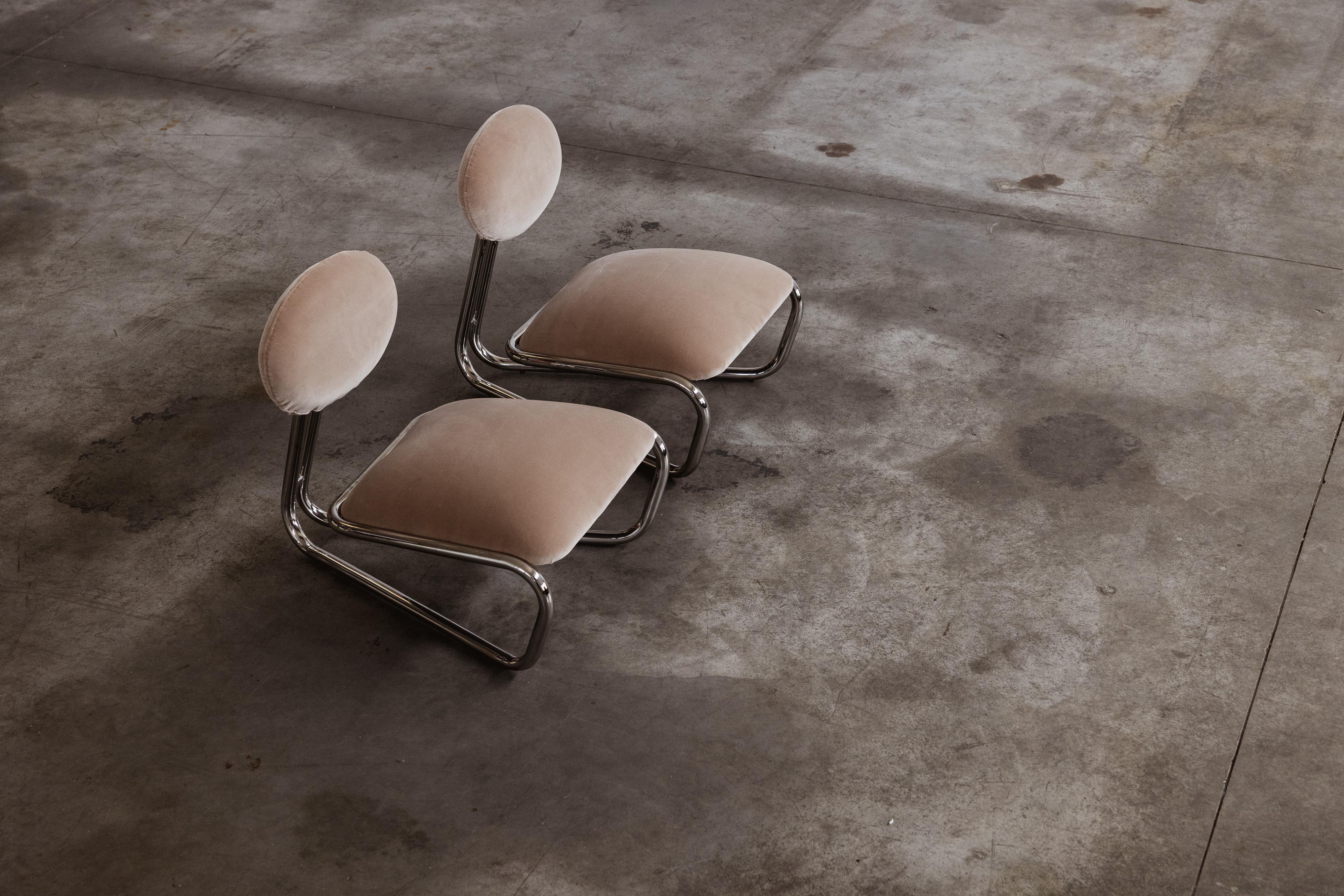Modernistische Loungesessel aus verchromtem Stahlrohr, Camel Velvet, 1970, 2er-Set im Angebot 4