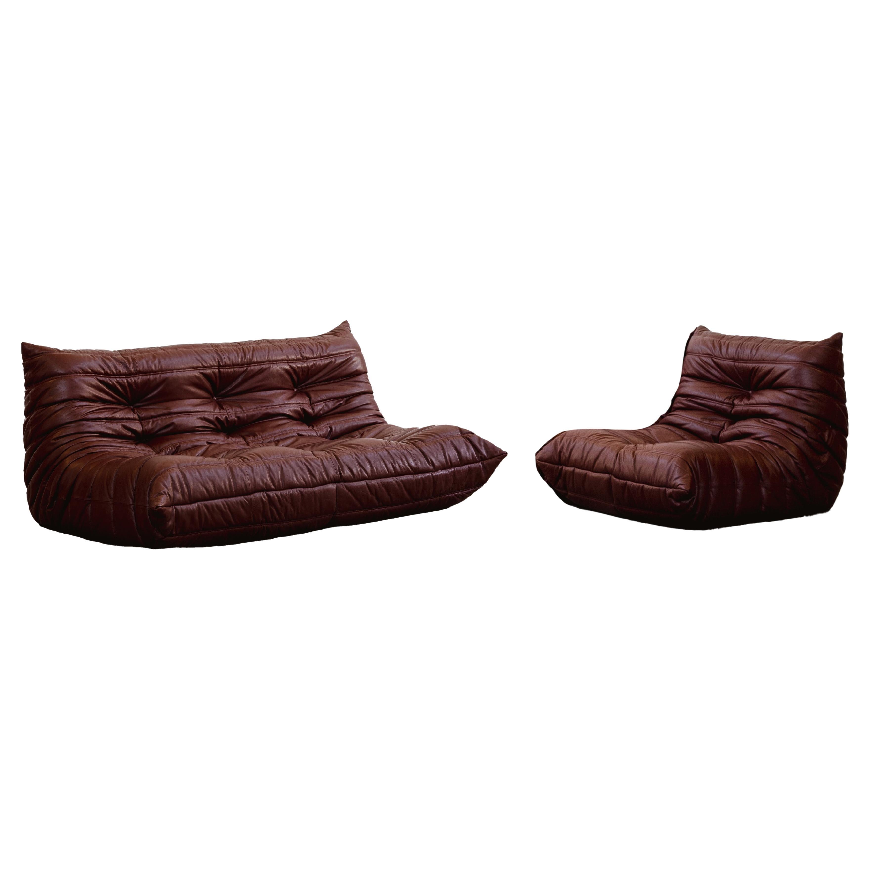 Michel Ducaroy “Togo” Living Room Set for Ligne Roset, Leather, 1973, Set of 2 For Sale