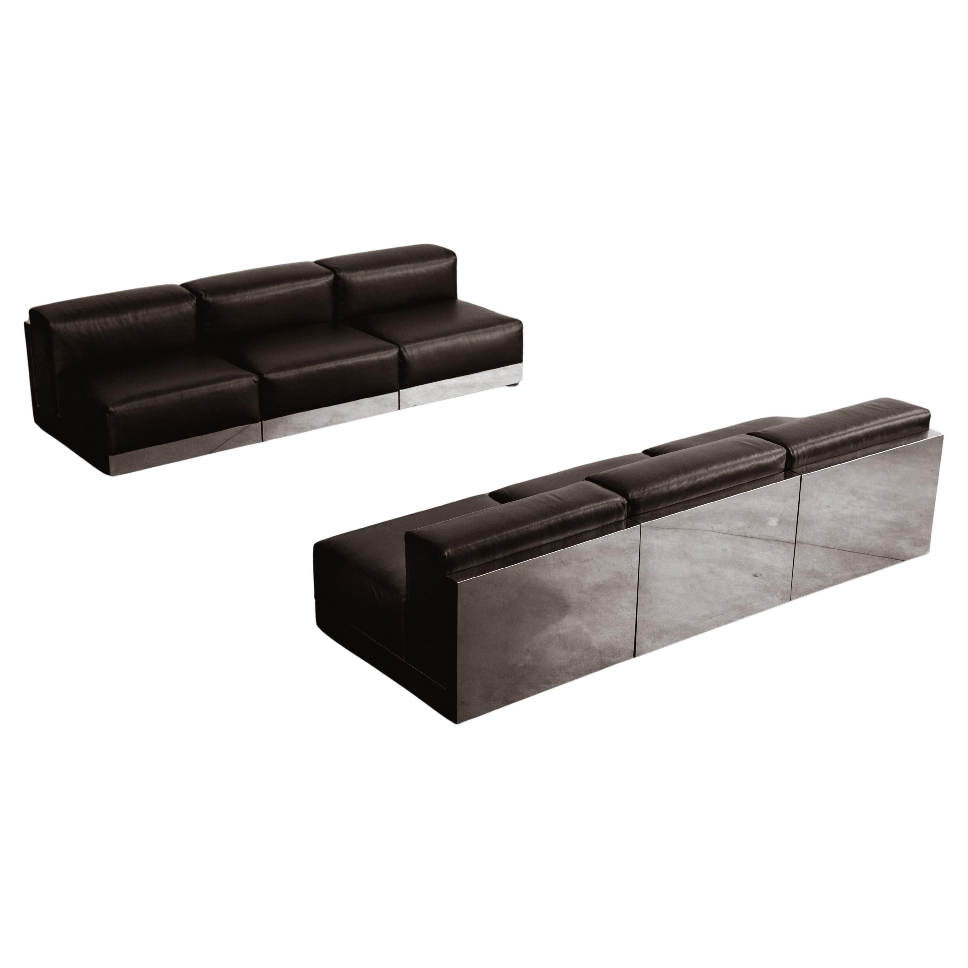Menilio Taro "811" Modular Sofa for Cinova, Black Leather, 1970, Set of 6 For Sale