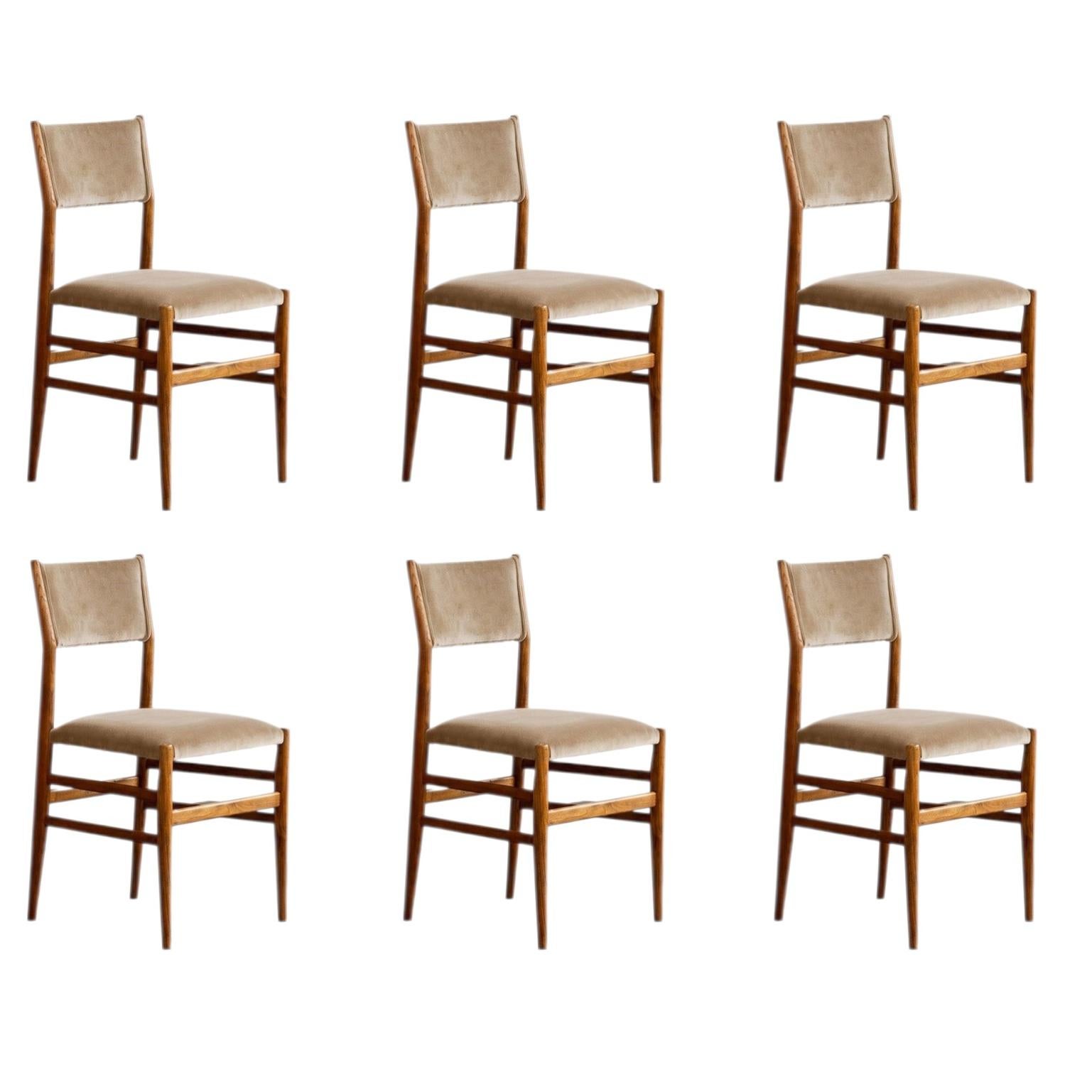 Gio Ponti 646 „Leggera“-Stühle für Cassina, sandbeiger Samt, 1952, 6er-Set