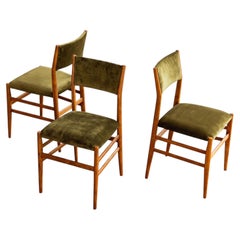 Gio Ponti 646 "Leggera" Dining Chairs for Cassina, Green Velvet, 1952, Set of 3
