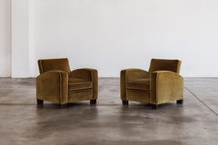 Jacques Adnet Club Armchairs, Musk Green Velvet, 1930s, Set of 2