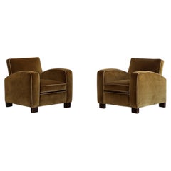 Jacques Adnet Club Armchairs, Musk Green Velvet, 1930s, Set of 2