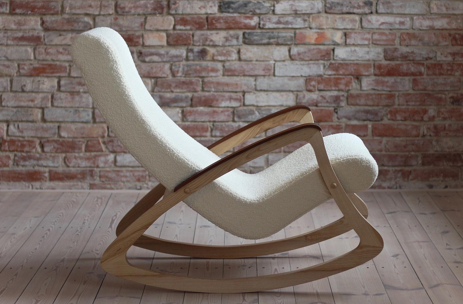 Mid-Century Modern Rare Vintage Rocking Chair, Czechoslovakia, 1950s, Reupholstered in French Boucle For Sale