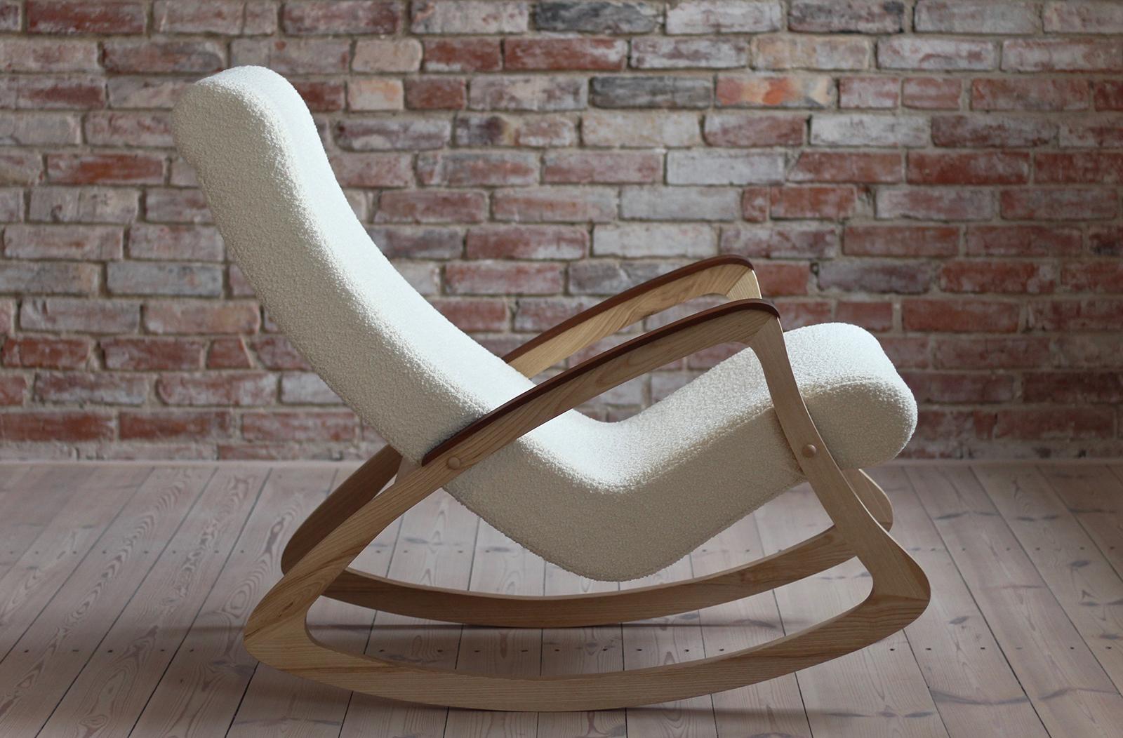 Mid-Century Modern Rare Vintage Rocking Chair, Czechoslovakia, 1950s, Reupholstered in French Boucle