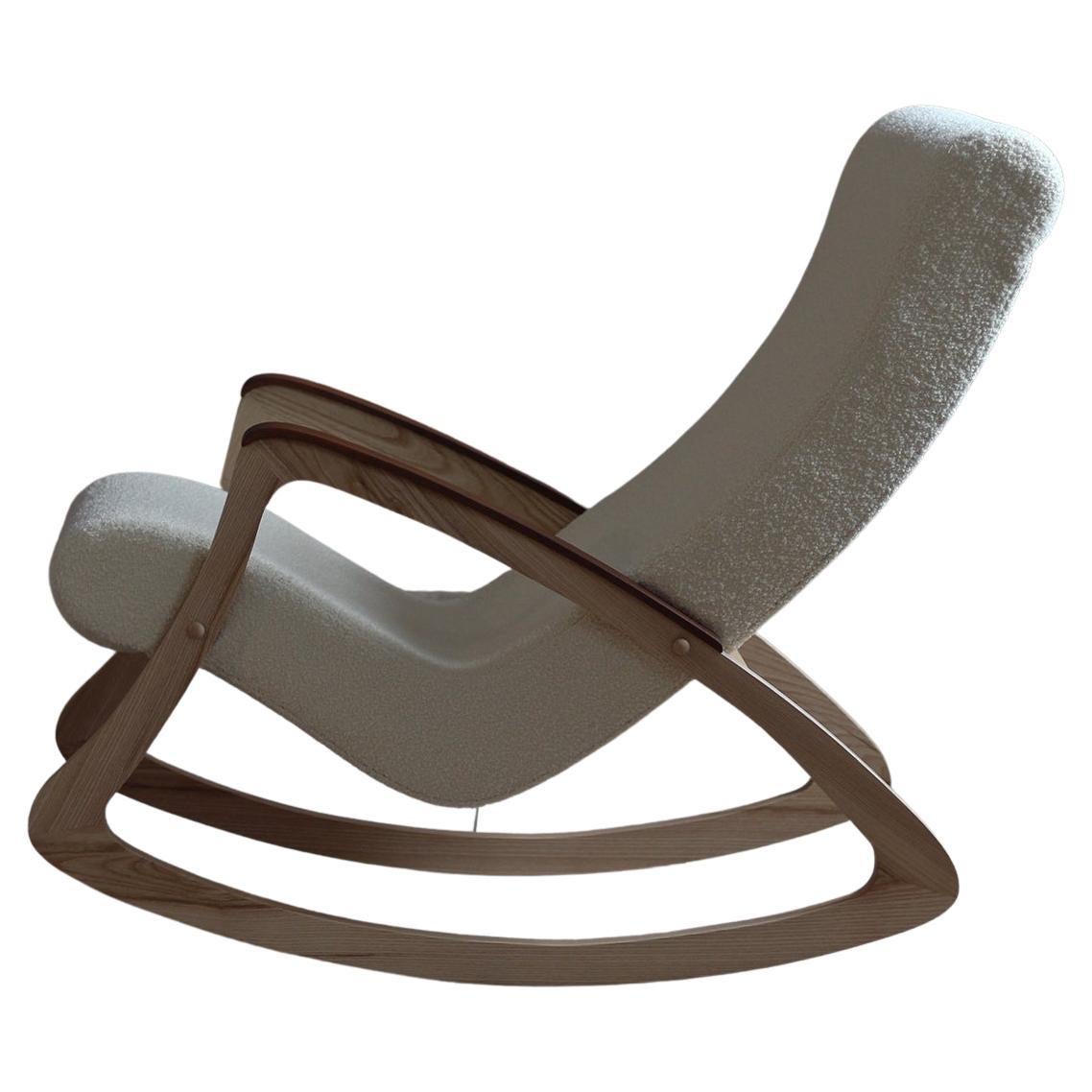 Rare Vintage Rocking Chair, Czechoslovakia, 1950s, Reupholstered in French Boucle For Sale