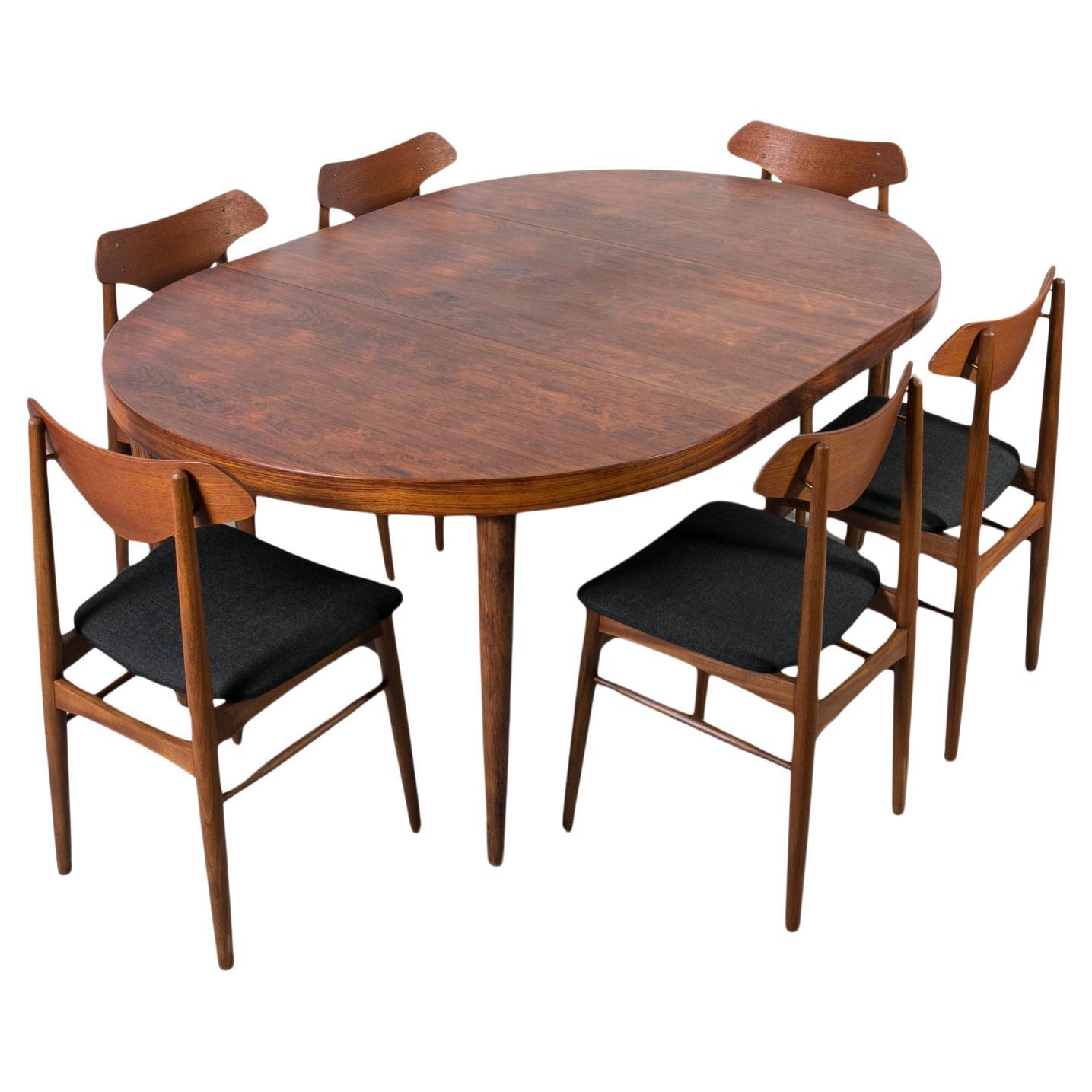 Danish Dining Set, Extendable Round Table & 6 Chairs, Denmark, 1960s For Sale