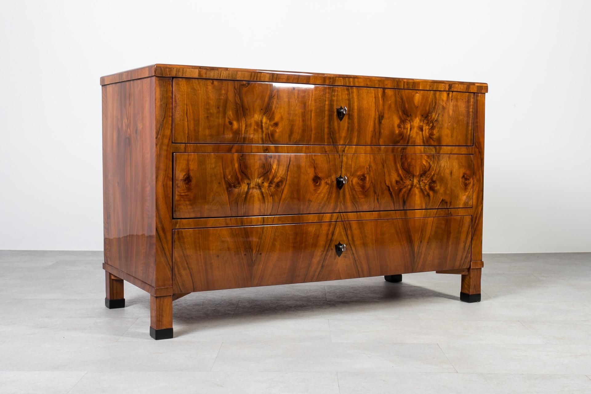Polished Biedermeier Chest of Drawers in Walnut Veneer, Germany, 19th Century For Sale