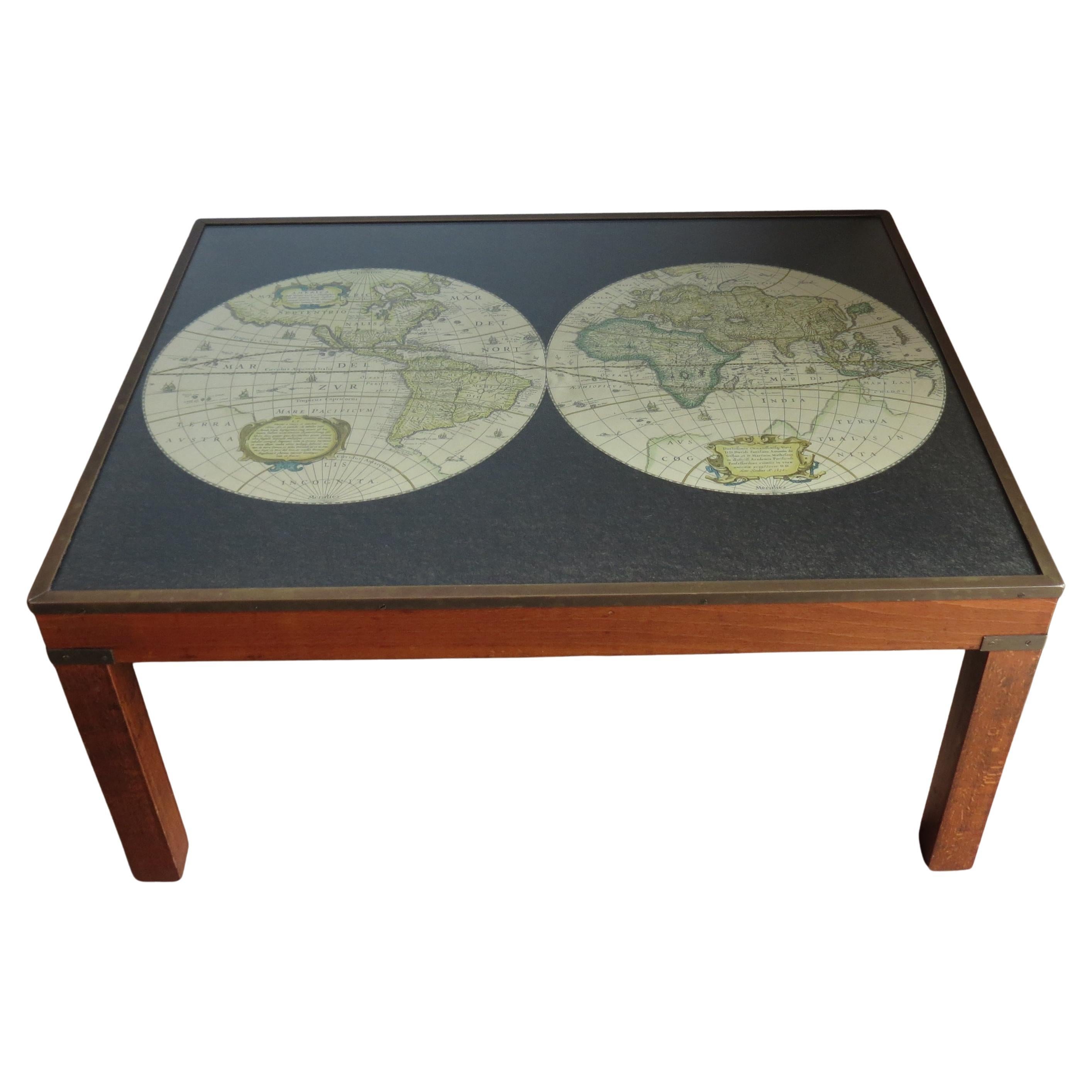 1970s Maison Jansen Campaign Style Coffee Table World Atlas Map For Sale