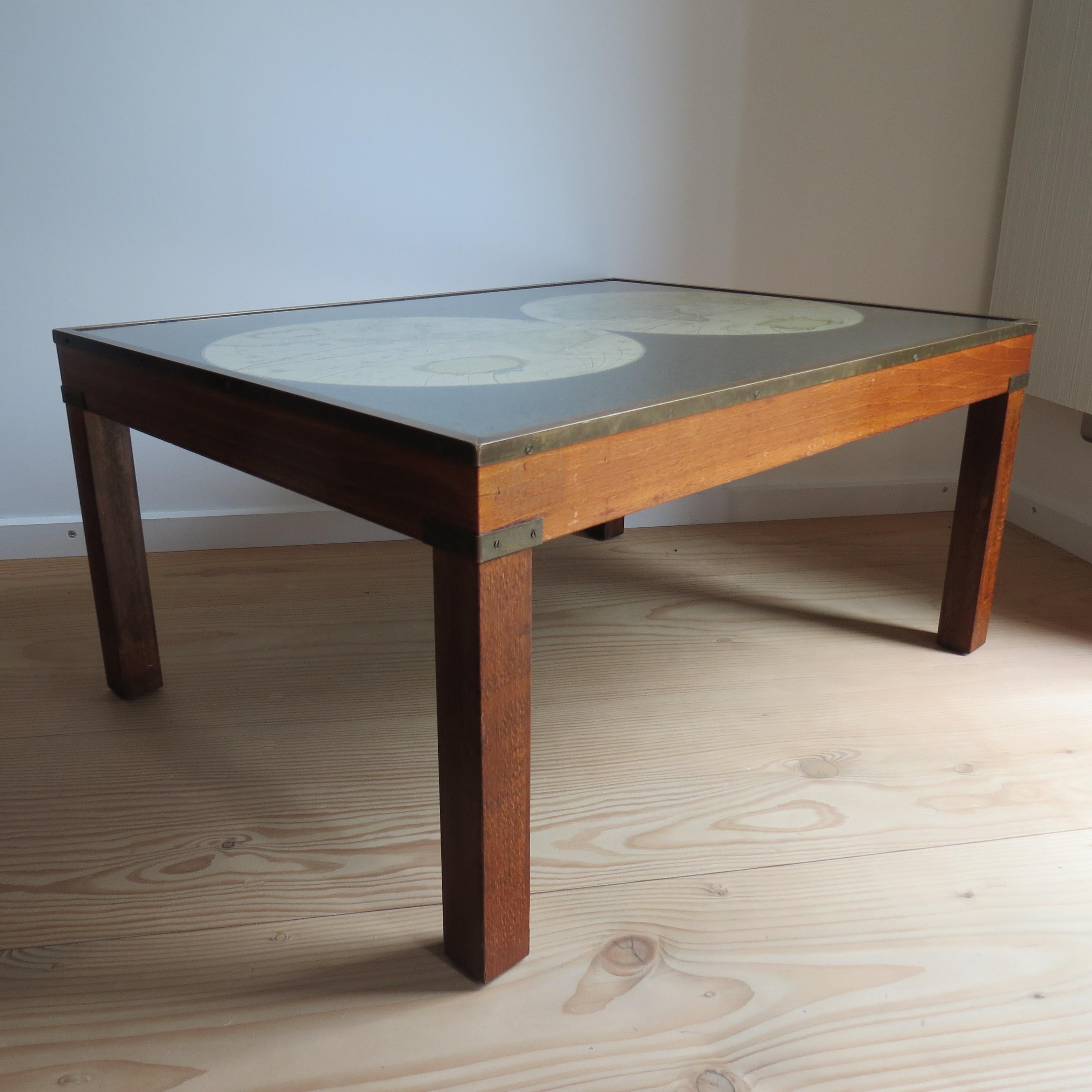 20th Century 1970s Maison Jansen Campaign Style Coffee Table World Atlas Map For Sale