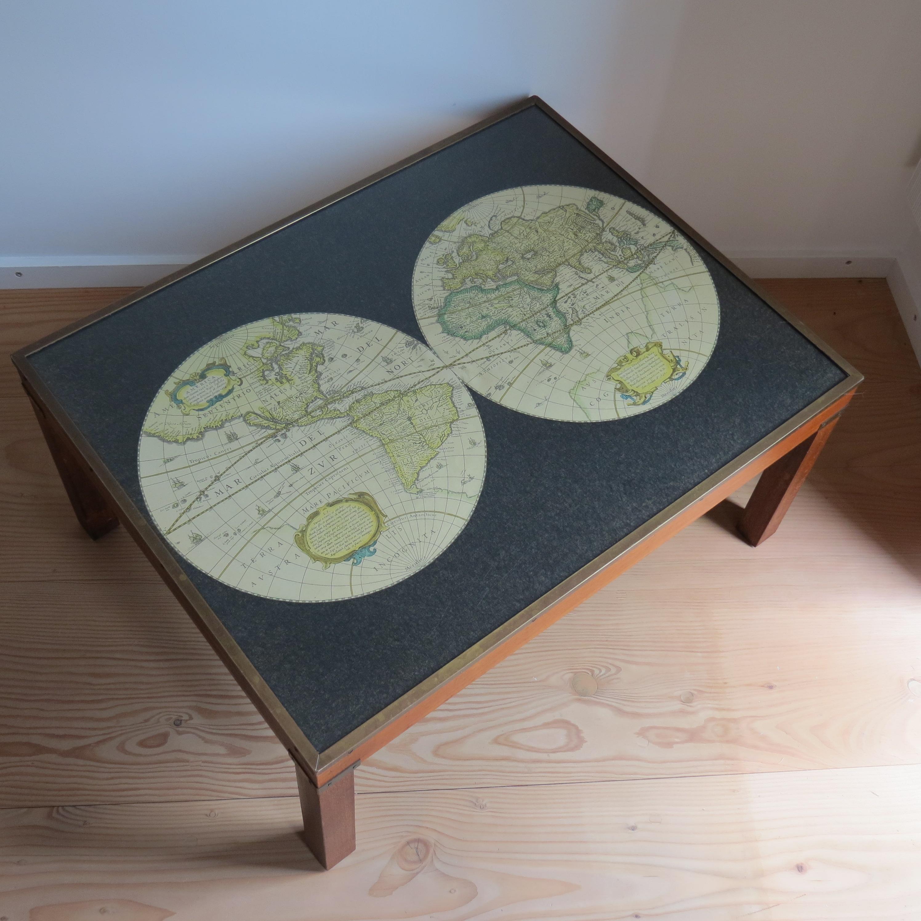 1970s Maison Jansen Campaign Style Coffee Table World Atlas Map For Sale 1