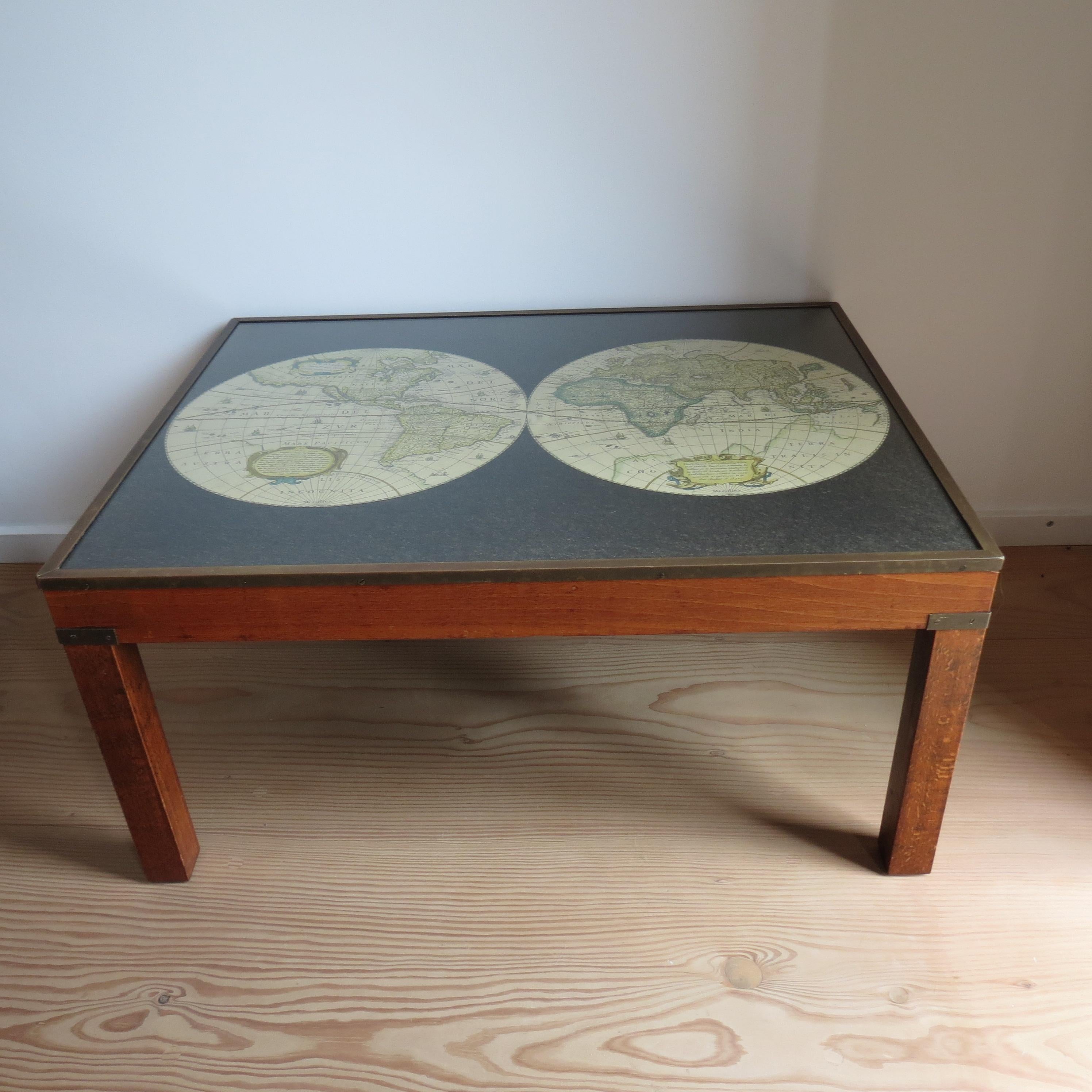 Machine-Made 1970s Maison Jansen Campaign Style Coffee Table World Atlas Map For Sale