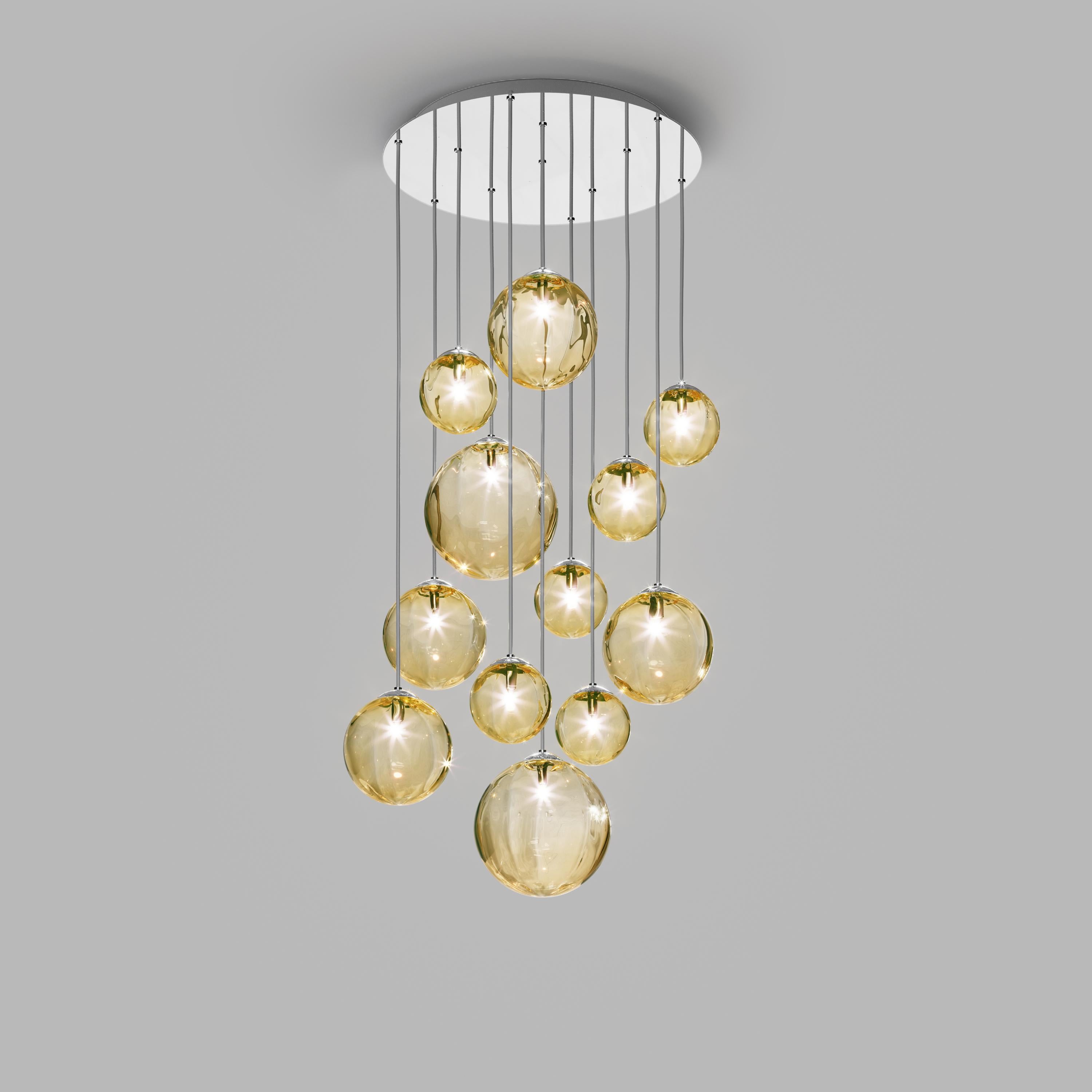 in vendita: Yellow (Amber and Transparent) Vistosi Puppet Multi Sospensione Luce Vetro soffiato di Murano Base in metallo