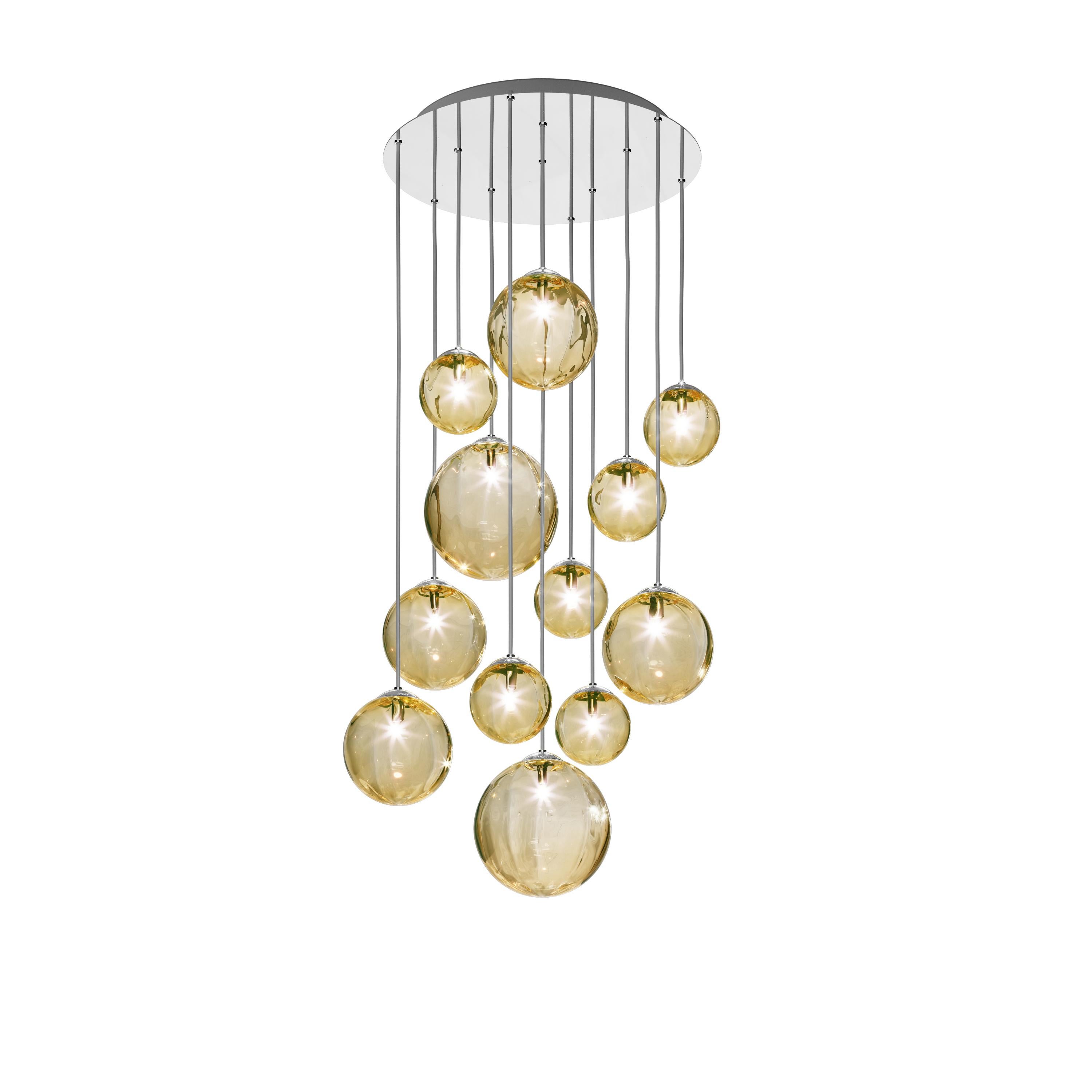 For Sale: Yellow (Amber and Transparent) Vistosi Puppet Multi Suspension Light Blown Murano Glass Metal Base 2