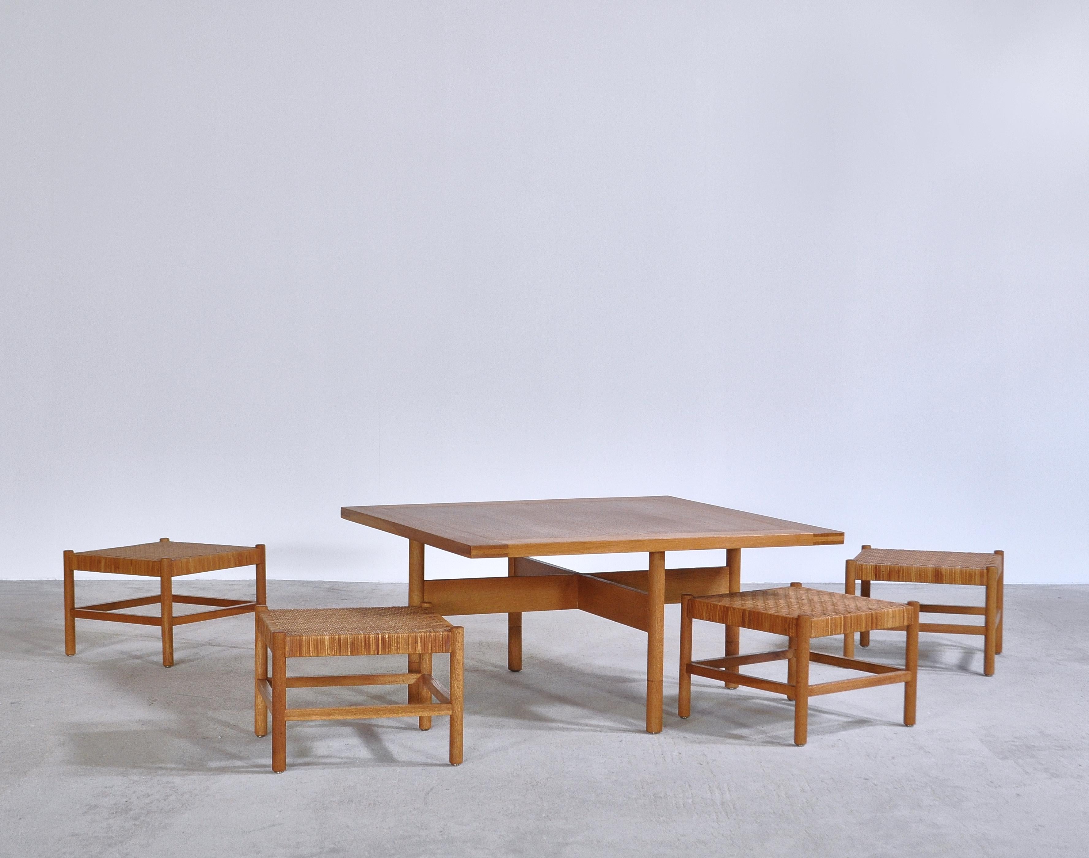 Oak & Cane Table and Stool Set by Axel Thygesen for Interna Danish Modern, 1950s 4