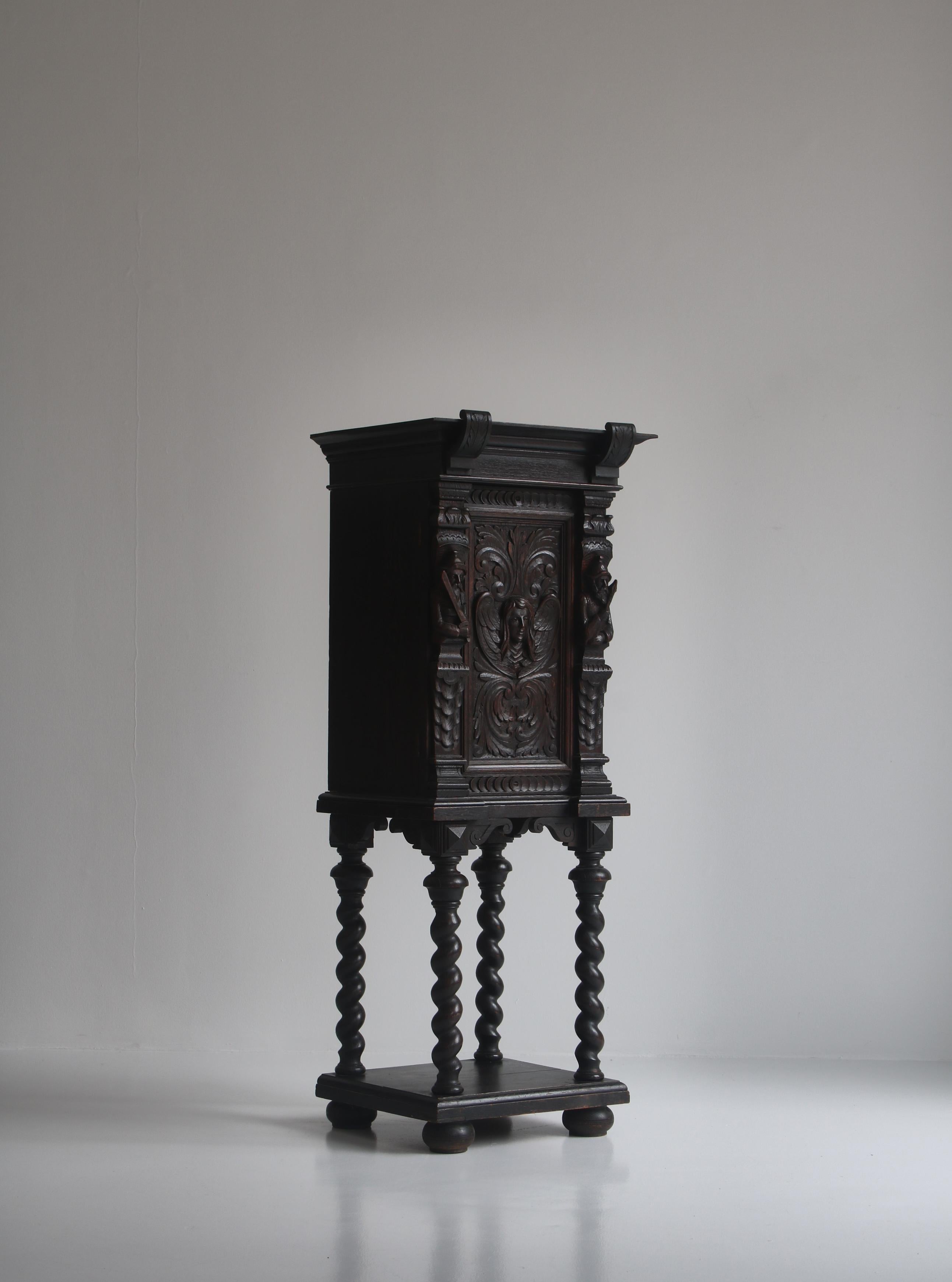 Baroque Antique Danish Cabinet in Dark Stained Oak Gothic Style, 1880s