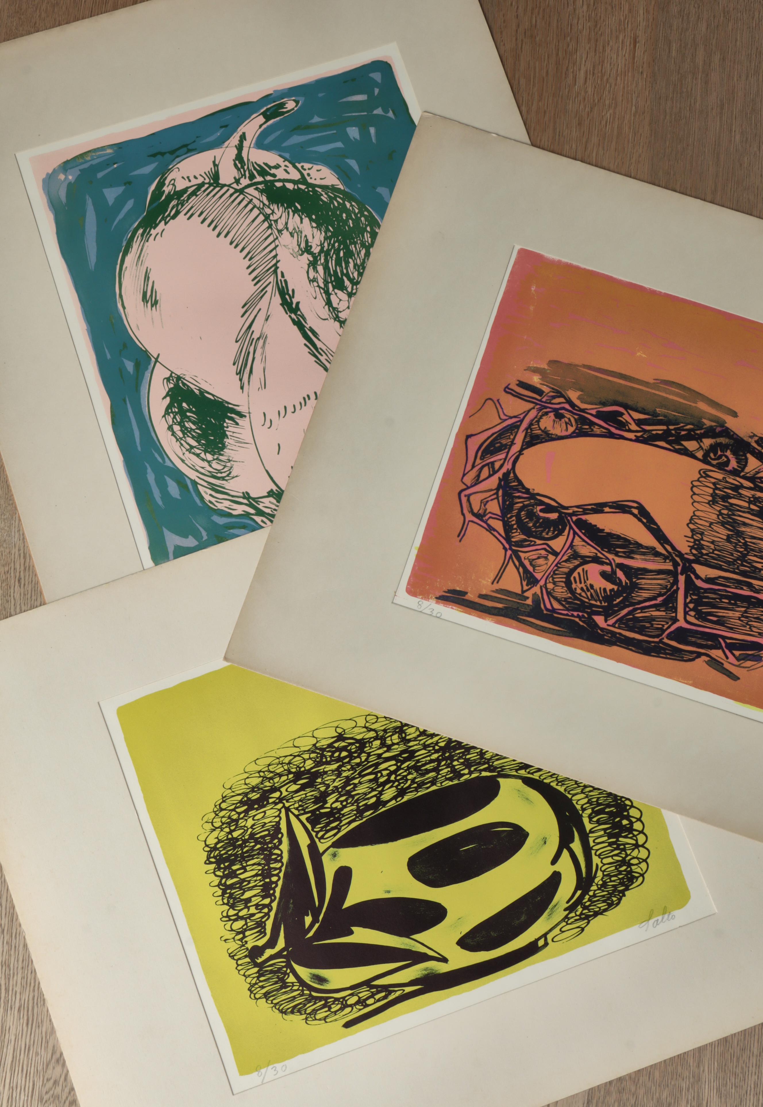 Scandinavian Modern Axel Salto Unique Handmade Lithographic Prints of Vase & Bowls, 1940s, Denmark For Sale