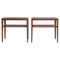 Scandinavian Modern Side Tables with Rattan Shelves by Severin Hansen, 1960s