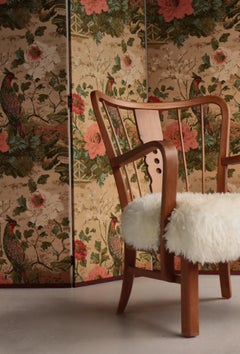 Vintage Scandinavian Chinoiserie-Style Wood and Printed Fabric Room Divider