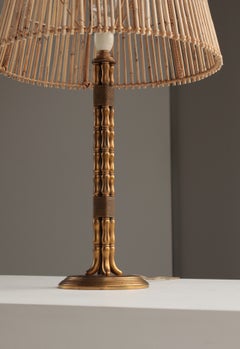 Scandinavian Vintage Table Lamp Faux Bamboo Brass and Rattan Shade, 1960s