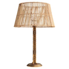 Scandinavian Vintage Table Lamp Faux Bamboo Brass and Rattan Shade, 1960s