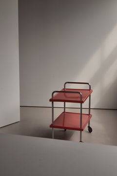 1930s Scandinavian Functionalist Red Lacquered Steel Tube & Wood Serving Cart
