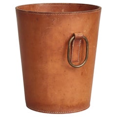 Carl Auböck 1950s Paper Basket in Patinated Saddle Leather and Brass