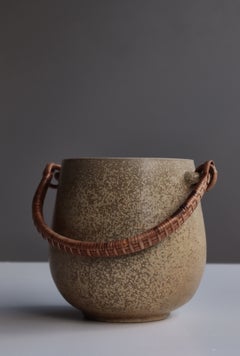 Arne Bang Stoneware Ice Bucket with Rattan Handle, Own Studio, 1930s