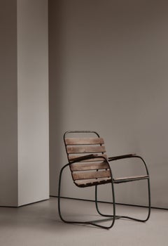 Sculptural Swedish Art Deco Garden Armchair, green lacquered iron & Wood, 1930s