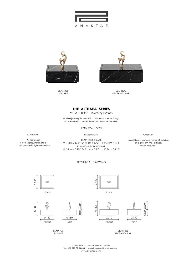 Contemporary Handmade Square Box "Elaphos" in Marble and Brass Handle