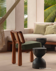 Customizable Lounge Chair Colima, Solid wood, Wicker back and upholstery green.