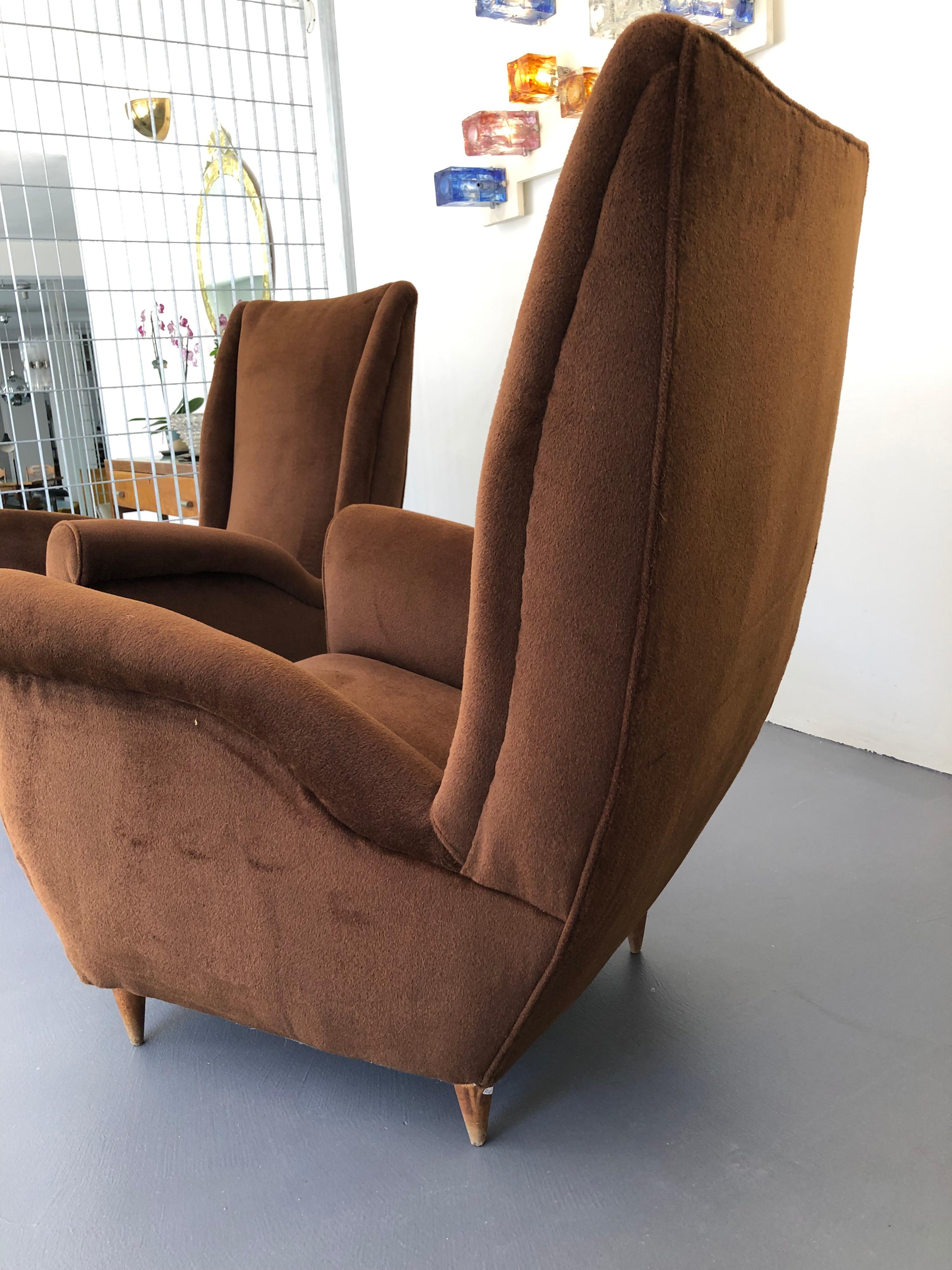 Brown velvet Vintage Italian Armchairs by Gio Ponti, 1950s, Set of 2 For Sale 14