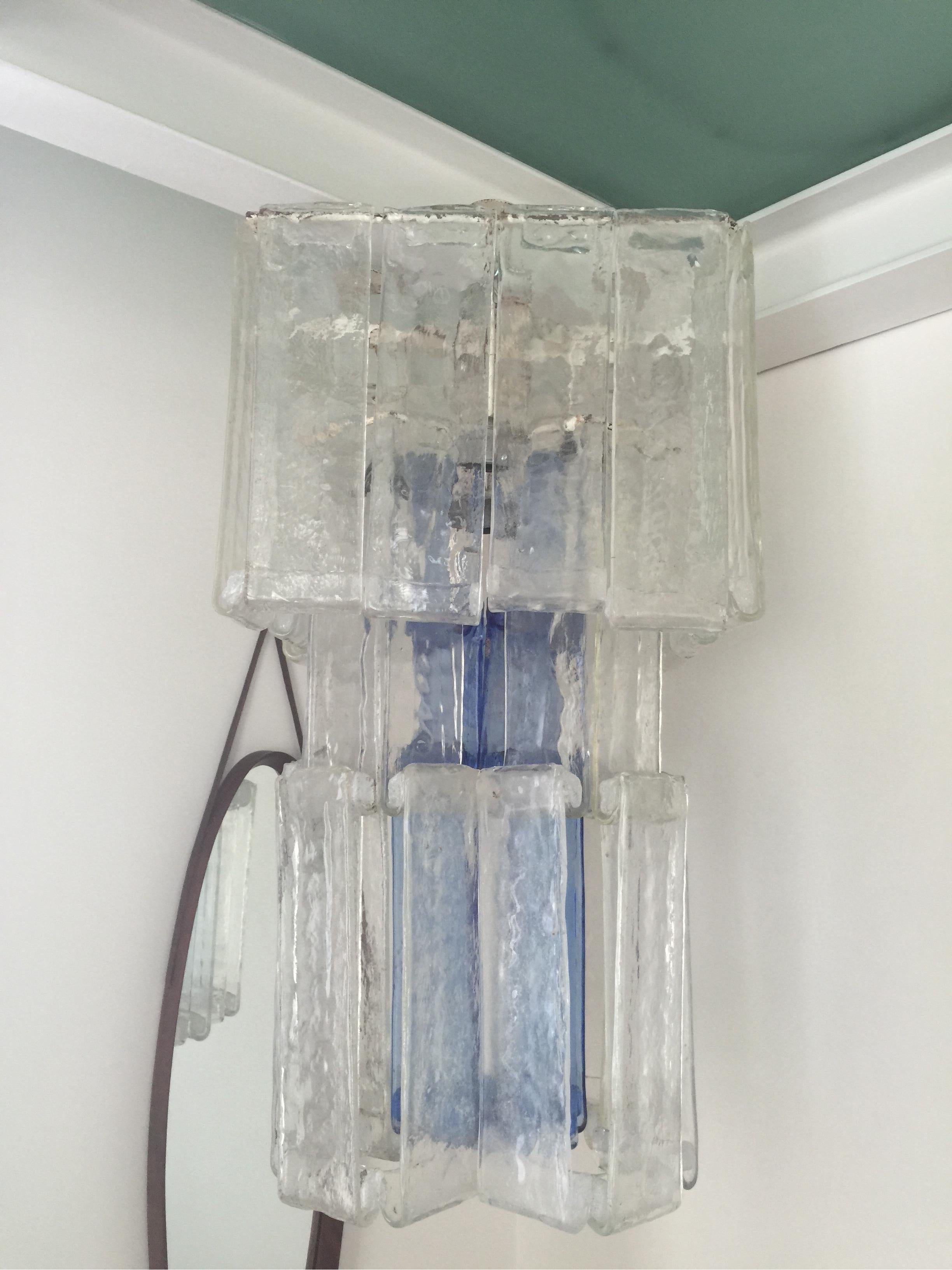 Post-Modern Large Italian clear and blue glass Pendant lamp from Fratelli Toso Murano, 1970s For Sale