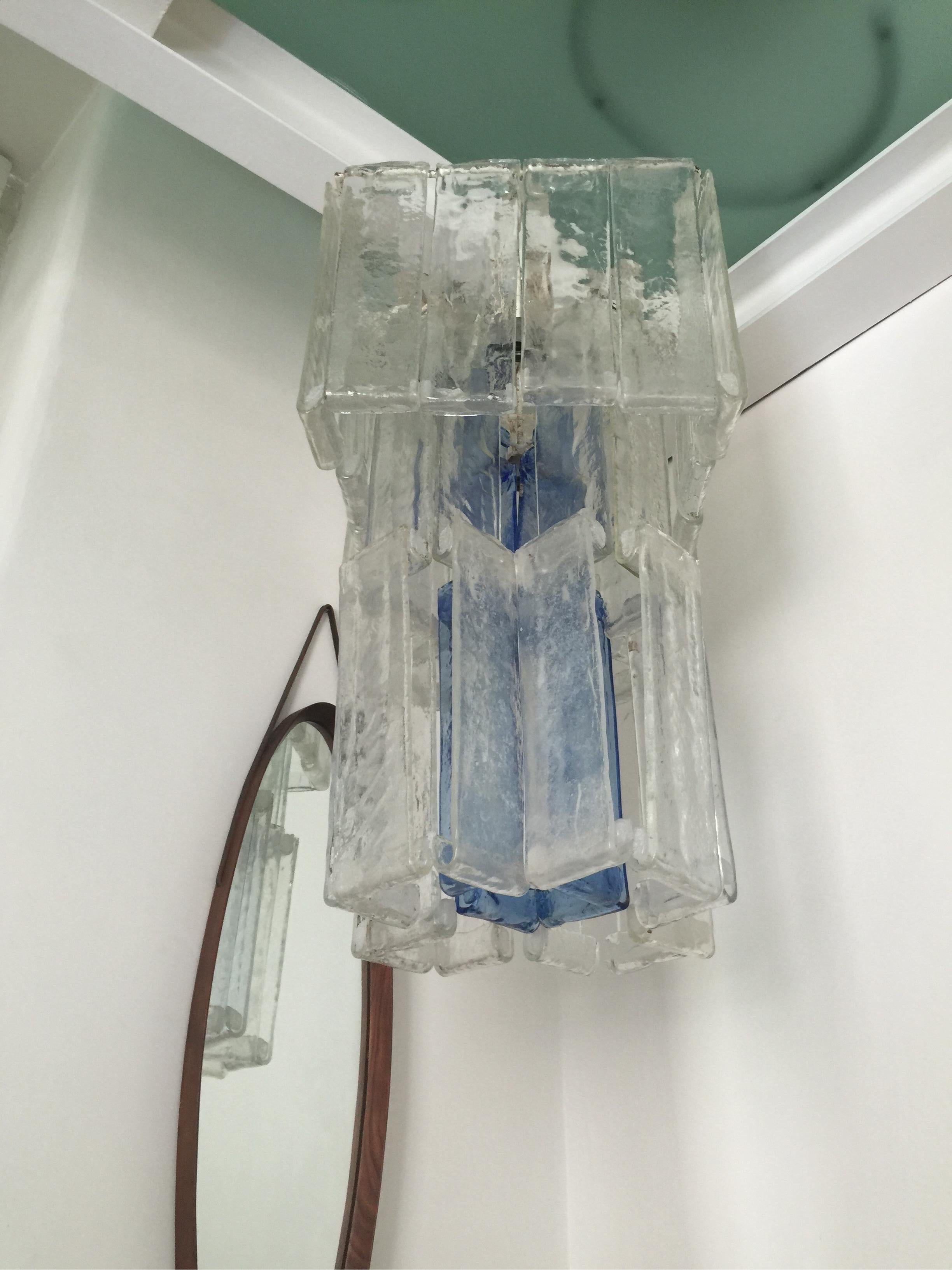 Large Italian clear and blue glass Pendant lamp from Fratelli Toso Murano, 1970s In Good Condition For Sale In Catania, IT