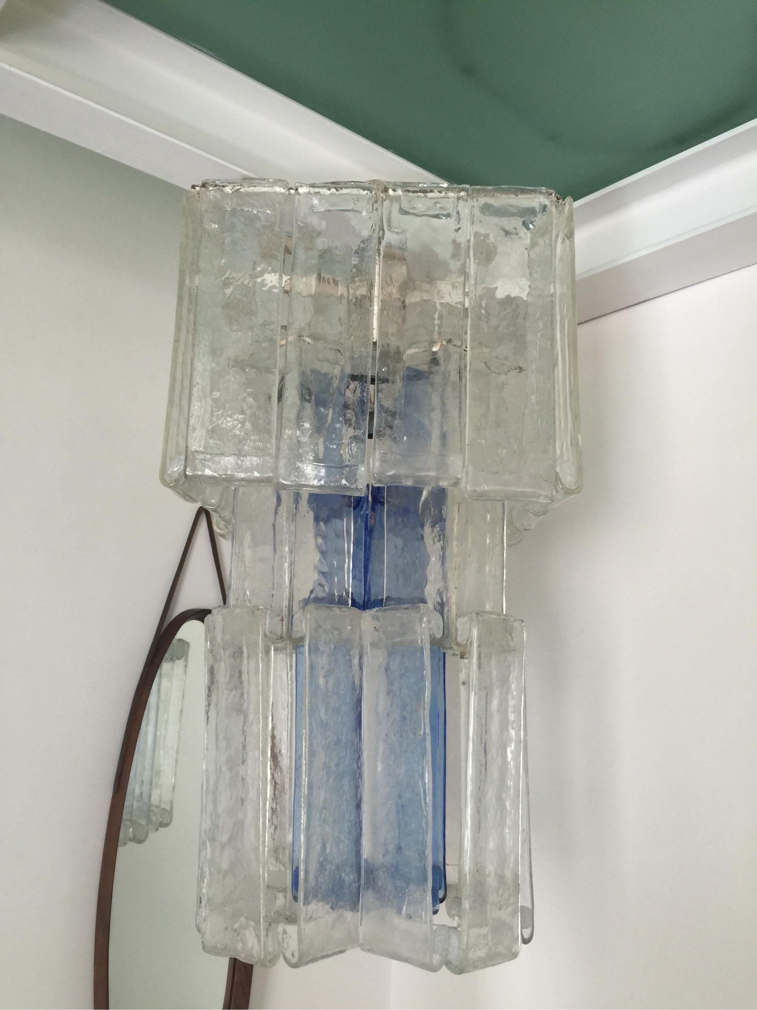 Late 20th Century Large Italian clear and blue glass Pendant lamp from Fratelli Toso Murano, 1970s For Sale