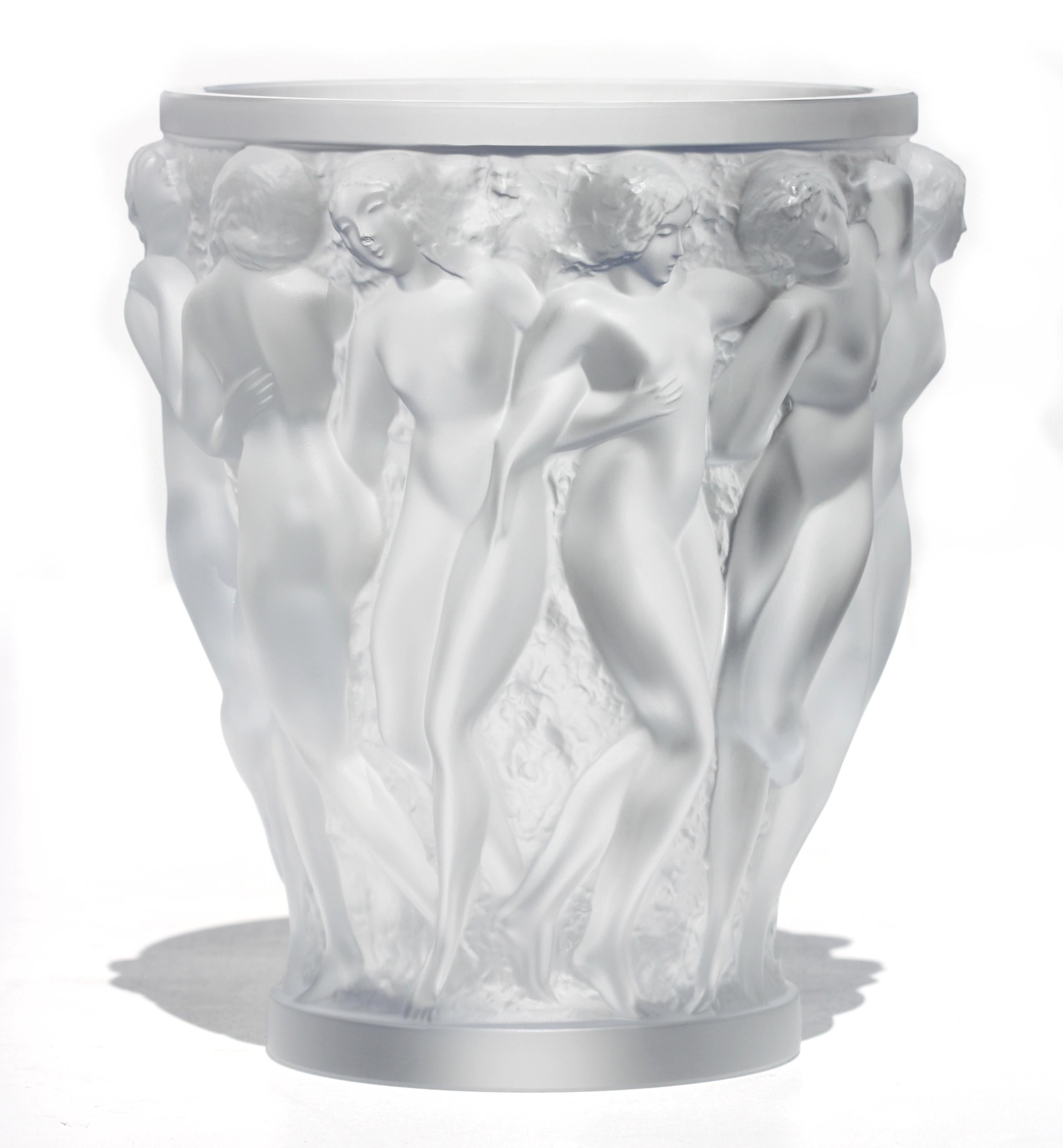 Glass Lalique France, “Bacchantes” Frosted Crystal Vase For Sale