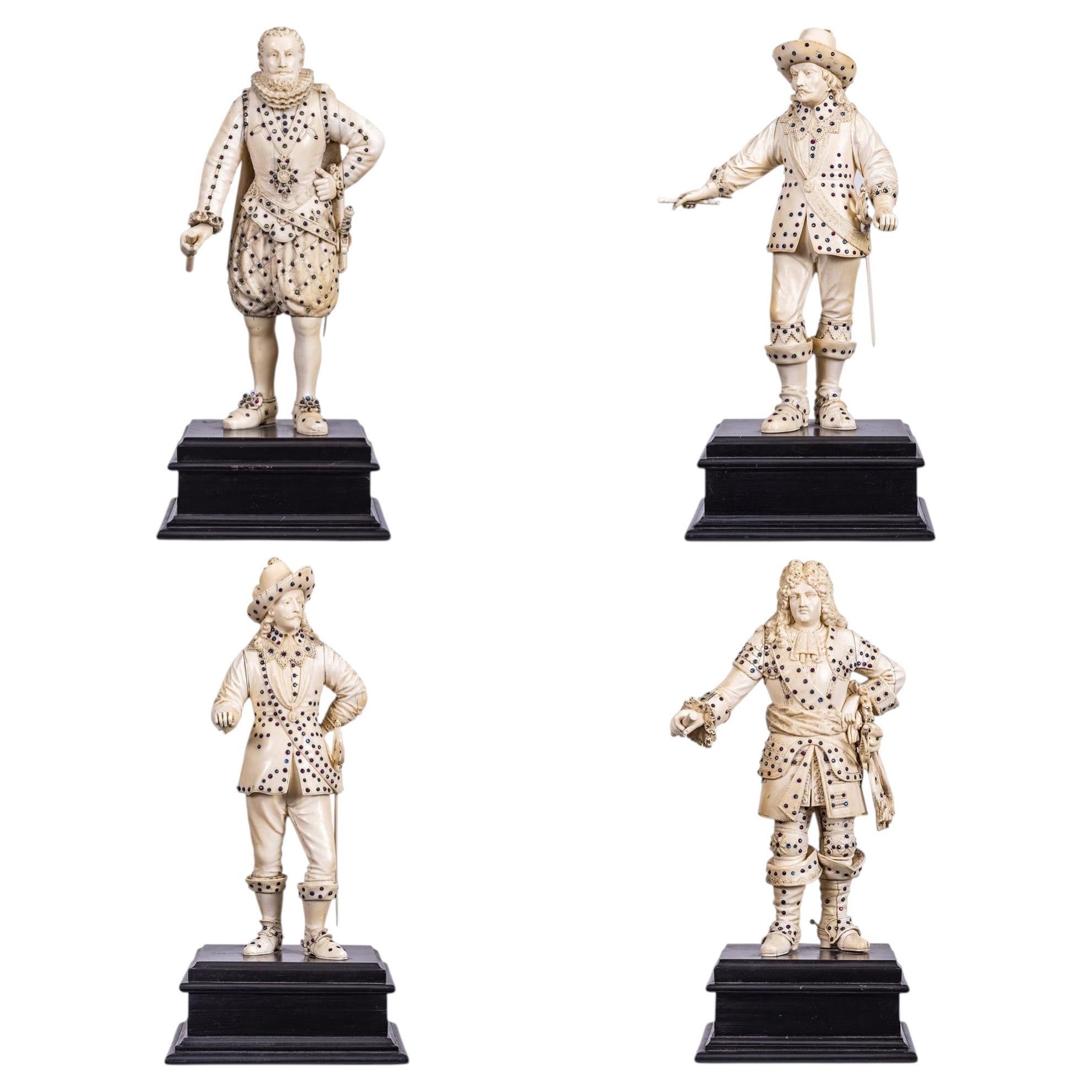 A Set of Four Gem-Inlaid Carved Court Figures