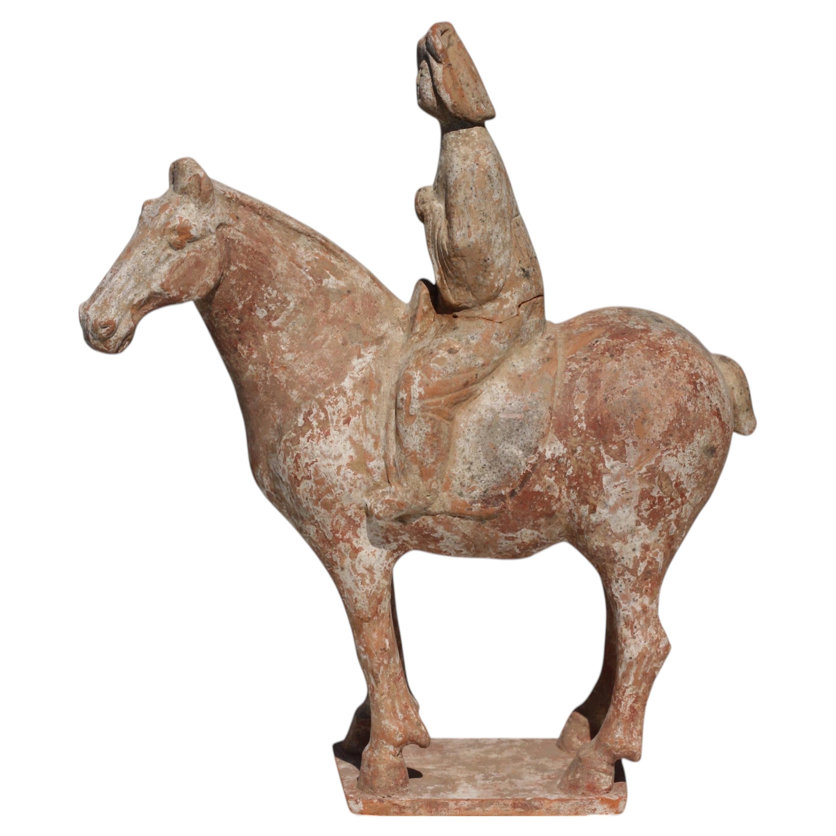 Chinese Tang Dynasty Painted Pottery Equestrian Figure For Sale