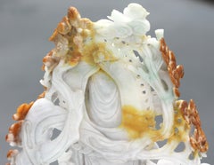 Chinese Jade Guanyin Figure with Attendant and Pierced Floral Carving