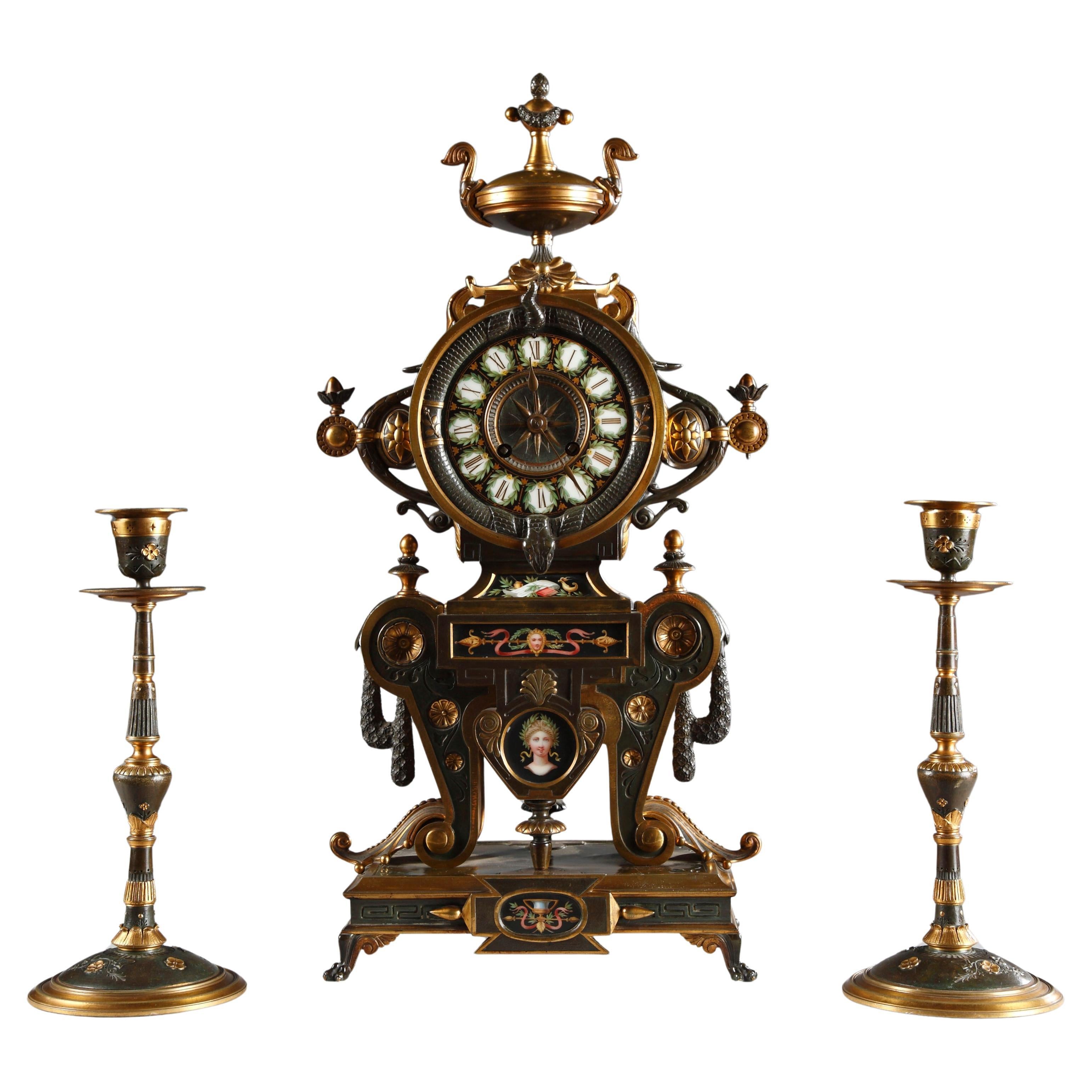 Fine Neo-Greek Clock Set by H. Houdebine, France, Circa 1867