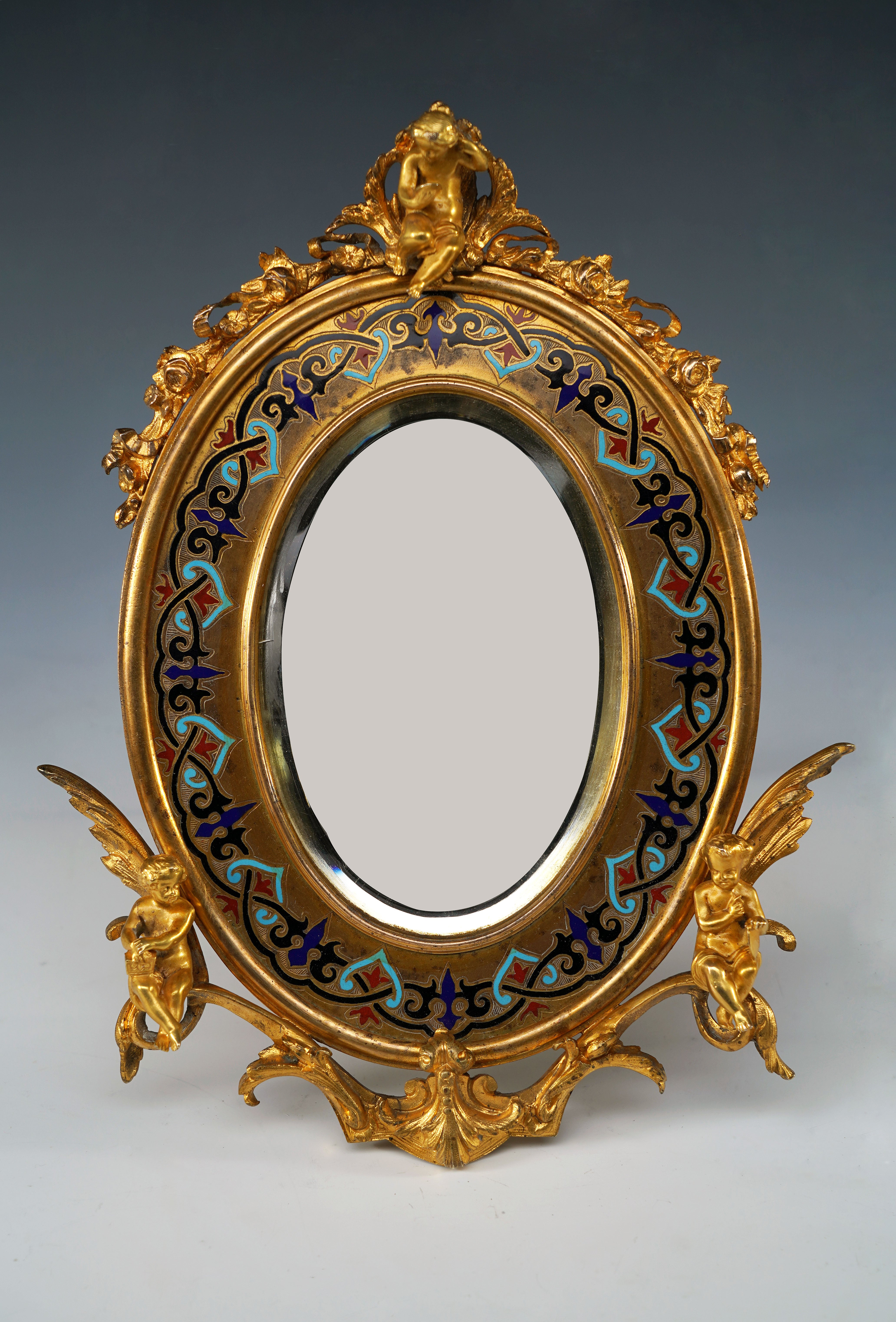"Champleve" Enamel Table Mirror Attributed to A. Giroux, France, circa 1880 For Sale
