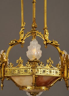 Susse & Lelievre, Neo-Gothic Dragons Chandelier, France, Circa 1890, Alabaster