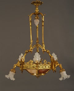 Susse & Lelievre, Neo-Gothic Dragons Chandelier, France, Circa 1890, Alabaster