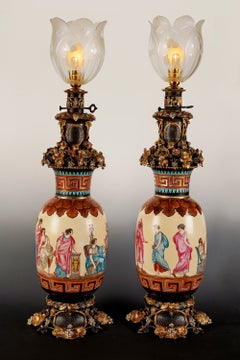 Paris Porcelain, Pair of Neo-Greek Lamps, France, circa 1860