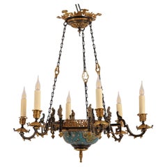 Japonist Chandelier, Gilt Bronze, Porcelain, France, Circa 1860